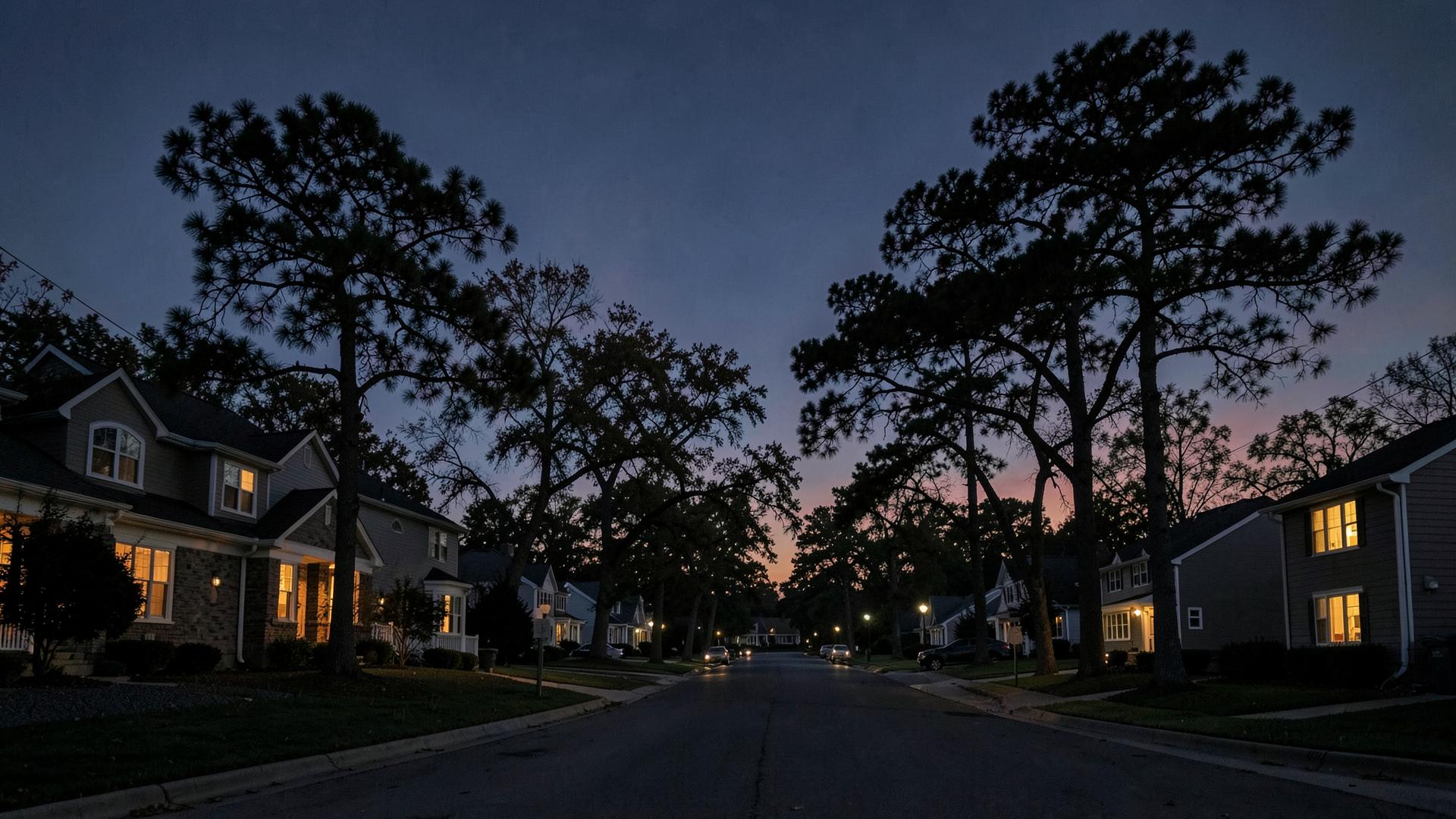 Triangle-area neighborhood street of homes at dusk