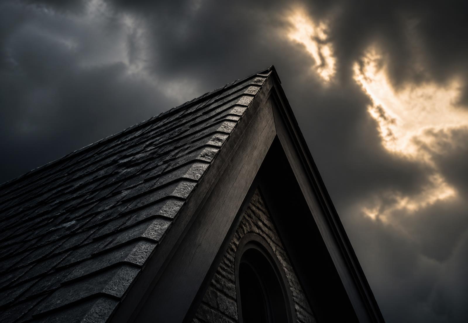 Dramatic close-up of a dark roofline against a moody sky